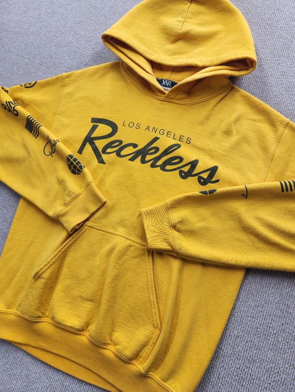 Young & Reckless Men's S Yellow Pullover Hoodie Logo Kangaroo Pocket